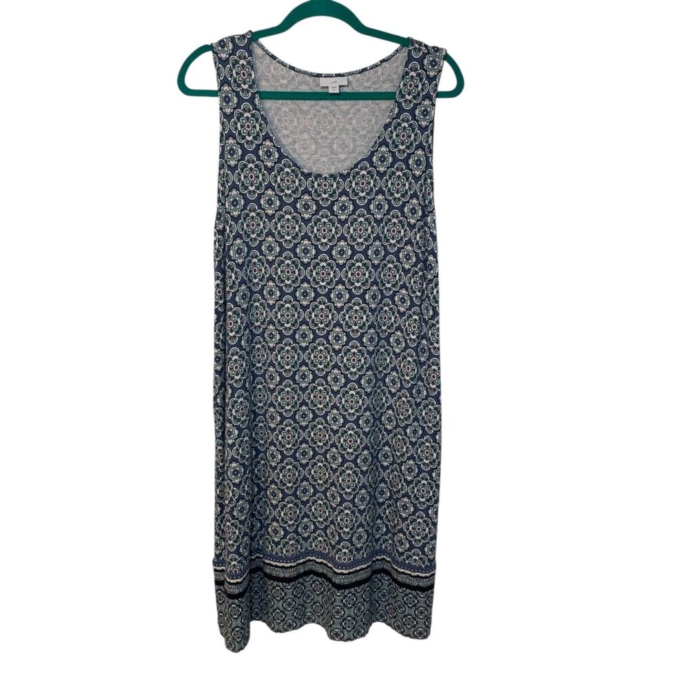 J Jill Womens Sleeveless Blue Geometric Floral Print Shift Dress LT Boho Comfort